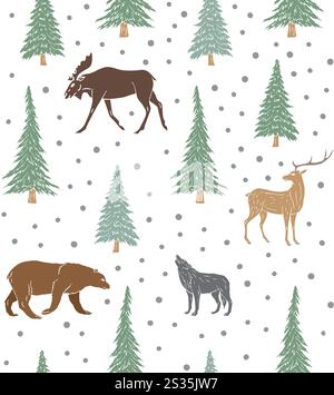 Vector seamless pattern of different color hand drawn doodle sketch forest animals and spruce trees isolated on white background Stock Vector
