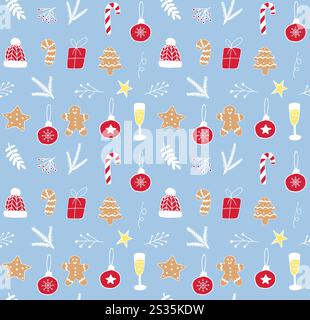 Vector seamless pattern of different color hand drawn doodle sketch Christmas new year elements isolated on white background Stock Vector