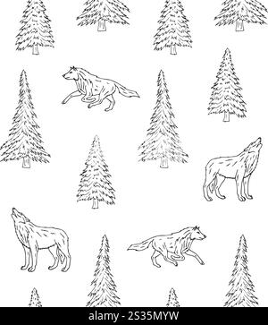 Vector seamless pattern of hand drawn doodle sketch wolf and spruce tree isolated on white background Stock Vector