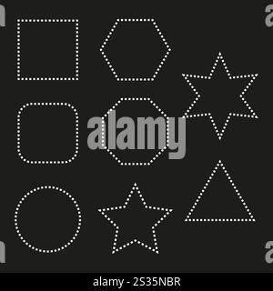 Dotted geometric shapes. Dashed outline forms. Abstract white shapes. Black background design. Stock Vector
