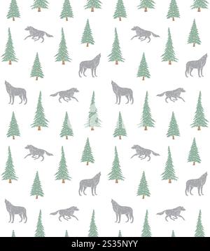 Vector seamless pattern of colored hand drawn doodle sketch wolf and spruce tree isolated on white background Stock Vector