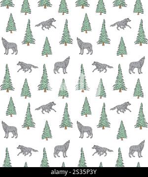 Vector seamless pattern of hand drawn doodle sketch colored forest wolf and spruce tree isolated on white background Stock Vector