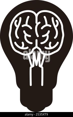 A black and white drawing of a brain with a light bulb in the middle. The drawing is of a light bulb with a brain inside of it, symbolizing the idea o Stock Vector