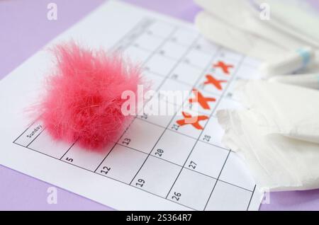 Aspects of women wellness in monthlies period. Menstrual pads and tampons on menstruation period calendar. Woman critical days, gynecological menstrua Stock Photo