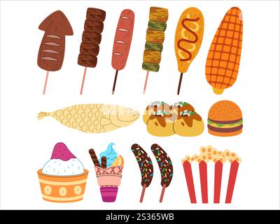 Festival foods snack dessert cuisine street food popcorn hamburger squid sausage grilled shashlik satay corndog roasted corn fried fish Takoyaki Stock Vector