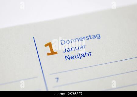 Calendar page shows 1 January as New Year's Day, Calendar, Germany, Europe Stock Photo