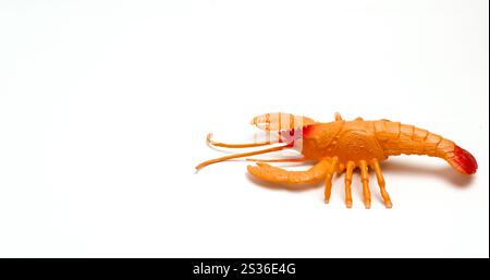 A Children's Toy In The Shape Of A Shrimp On A White Background Isolated  And With Photo Technique Leaving Left Stock Photo
