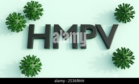 A 3d rendering of the word 'HMPV' or Human metapneumovirus, a common respiratory virus, with scattered virus. Stock Photo