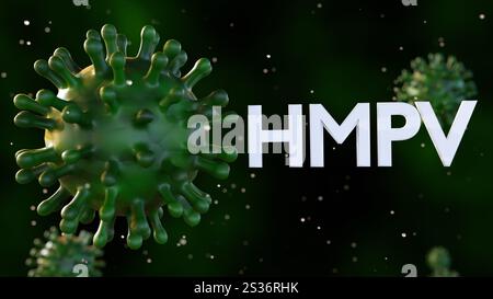 A 3d rendering of the word 'HMPV' or Human metapneumovirus, a common respiratory virus, with scattered virus. Stock Photo