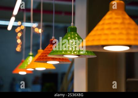 Colorful lamps hanging in the cafe Stock Photo