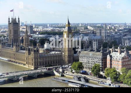 View of London from the London Eye, London, London region, Aerial view of Westminster and Big Ben with the Thames and busy bridge, London, London regi Stock Photo