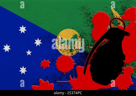 Christmas island flag and MK2 frag grenade in red blood. Concept for terror attack or military operations with lethal outcome. Dangerous projectile we Stock Photo