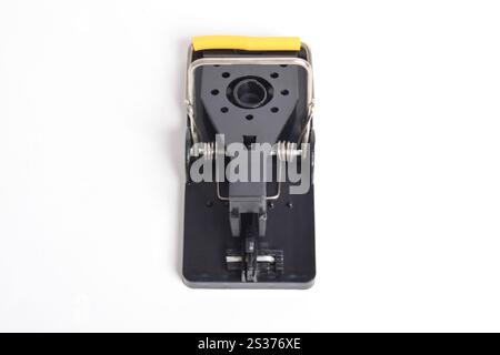 Steel Mouse trap isolated on white background. Top view. Mousetrap Close Up Stock Photo