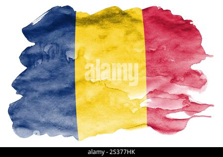 Chad flag is depicted in liquid watercolor style isolated on white background. Careless paint shading with image of national flag. Independence Day ba Stock Photo