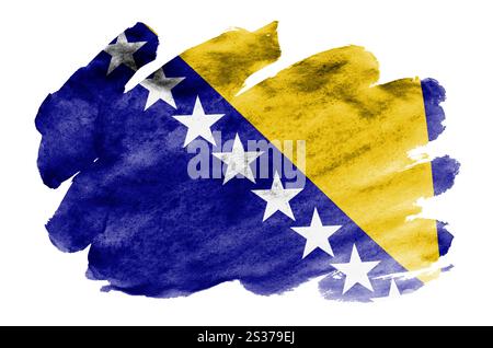 Bosnia and Herzegovina flag  is depicted in liquid watercolor style isolated on white background. Careless paint shading with image of national flag. Stock Photo