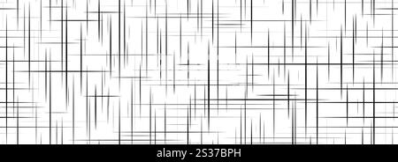 Black cross hatch seamless texture. Repeated straight scratch line pattern surface. Rough sackcloth fabric background. Crosshatch linen canvas burlap overlay wallpaper. Vector textile backdrop Stock Vector