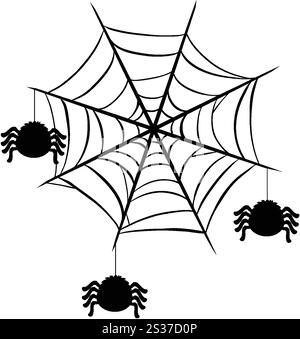 Three spiders hanging from a detailed web Stock Vector