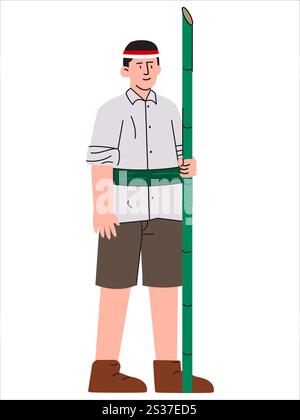 Indonesia old historical warrior bambu runcing sharpened bamboo weapon Indonesian male fighter soldier traditional attire ribbon flag colorful Stock Vector