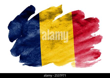 Chad flag  is depicted in liquid watercolor style isolated on white background. Careless paint shading with image of national flag. Independence Day b Stock Photo