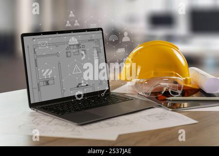 Engineer architect industry 4.0 using computer construction site, industrial and innovation infographic at building futuristic architect control innov Stock Photo