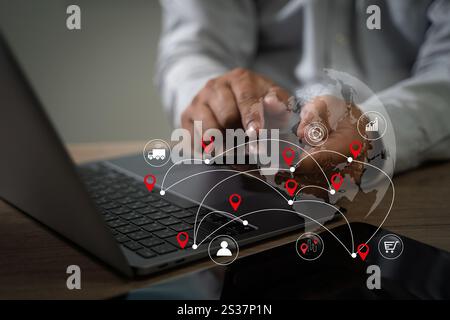 Businessman manager touching tablet Smart system using Chain retail logistics management digital management Stock Photo