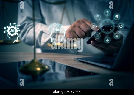 AI ethics or AI Law man is using phone intelligence science and technology a brain of technology and the importance of staying connected Stock Photo