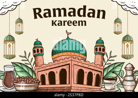 ramadan kareem background illustration with mosque and food and drink Stock Vector