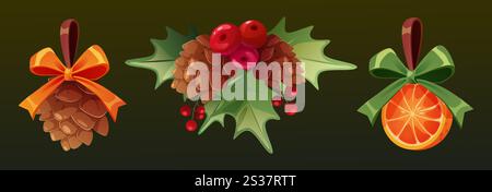 Set of decorative winter elements - pinecone with bow, seasonal holly berries with green leaves, orange slice with ribbon on dark background. Traditional Christmas design and festive decoration. Stock Vector