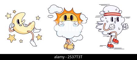 Groovy weather characters set isolated on white. Contemporary vector cartoon illustration of sun hiding behind clouds, moon and stars in clear sky, tired cloud running against wind, doodle mascots Stock Vector