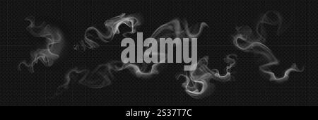 White smoke curls floating on dark background. Realistic 3d vector transparent swirl steam. Elegant flowing patterns for overlay effect. Hot food or drink vapor, abstract fire smog or spooky mist. Stock Vector