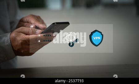VPN A man is typing on a laptop VPN Virtual Private Network protocol concept cyberspace network online Stock Photo