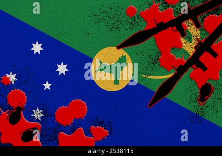 Christmas island flag and rocket launchers with grenades in blood. Concept for terror attack and military operations. Gun trafficking Stock Photo