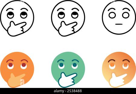 Simple line art icons of thoughtful emoji faces with hand gestures, designed for communication and creativity, line art icon set Stock Vector