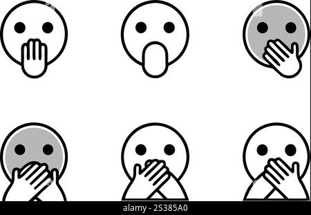 Minimalist line art icon set of emojis showing expressions like surprise, disgust, laughter, and embarrassment in modern design Stock Vector