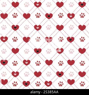 Plaid red hearts with cute paw prints. Seamless fabric design pattern Stock Vector
