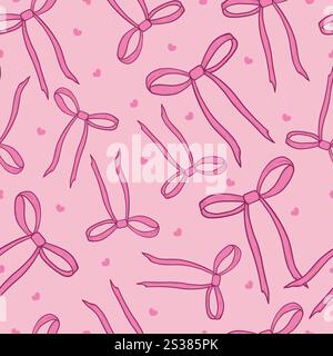 Pink cute bow ties with hearts. Seamless fabric design pattern Stock Vector