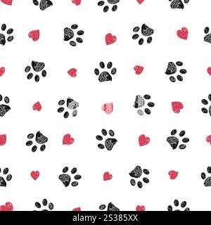 Hand drawn red hearts and paw prints. Seamless fabric design pattern Stock Vector