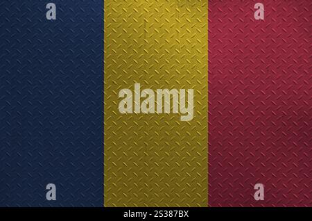 Chad flag depicted in paint colors on old brushed metal plate or wall close up. Textured banner on rough background Stock Photo