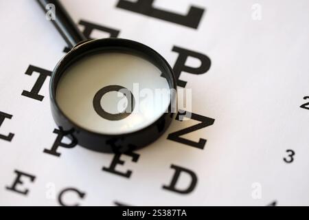 Magnifier glass focuses eye chart letters clearly and lies on eye test chart paper close up. Magnifier glass focuses eye chart letters clearly and Stock Photo
