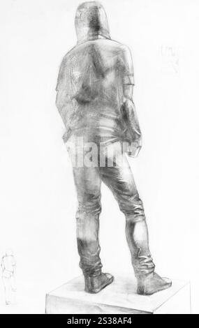 study drawing from back of male model dressed in hooded shirt and pants standing on podium drawn by hand with graphite pencil on white paper Stock Photo