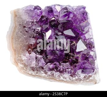close up of sample of natural stone from geological collection - raw geode of amethyst crystals isolated on white background Stock Photo