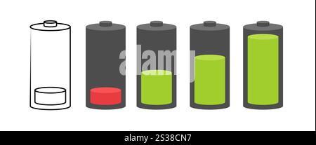Battery set. Different level of charge indicator signs Stock Vector