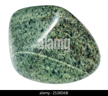 close up of sample of natural stone from geological collection - tumbled green quartzite mineral isolated on white background from Kola Peninsula Stock Photo