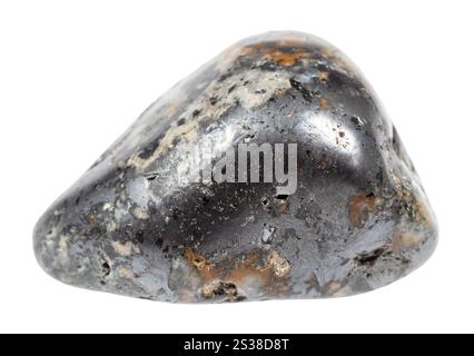 close up of sample of natural stone from geological collection - tumbled cleiophane and mushketovite rock isolated on white background from Karelia Stock Photo
