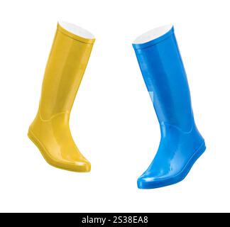 One pair of blue and yellow wellington boots isolated on white ...