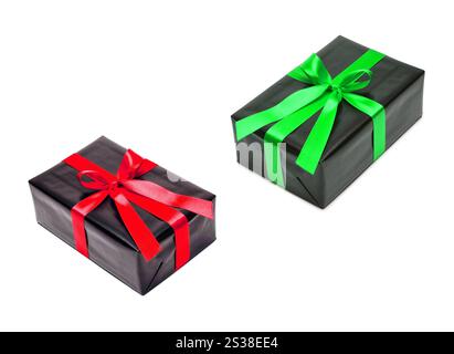 Gift boxes with red satin ribbon isolated on white background ...