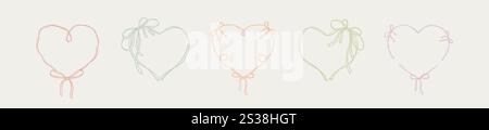 Set of cute aesthetic boho heart ribbon frames with tied bows. French style decoration. Modern minimalist girly design elements. Coquette Stock Vector