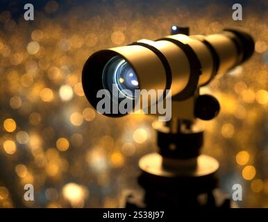 A detailed view of a camera lens mounted on a sturdy tripod. The lens is meticulously positioned, ready to capture sharp and focused images. The tripo Stock Photo