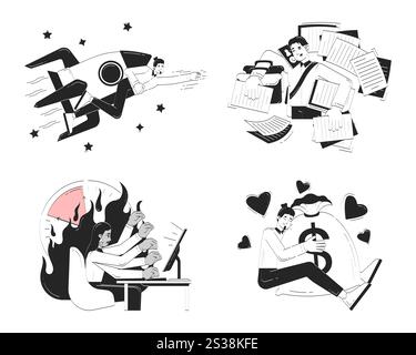 Adults engaging in business activities doodle line illustration concept set Stock Vector