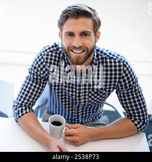 Interior designer, coffee or portrait of happy man in office with confidence and small business. Drinking beverage, smile or creative person in Stock Photo